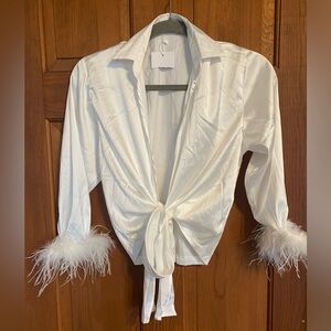 Rumours NWT White Feather Trim Tie-Front Blouse size small